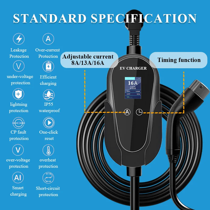 Caricabatterie EV Portatile - Tipo 2 da 3,5kw con cavo da m 5, da 6 a 16A
